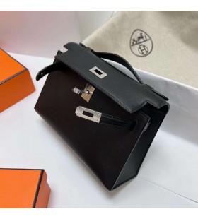 Mini Kelly Pochette Swift Ck89 Negro de Plata de Hardware Phw 22cm Completo hecho a Mano