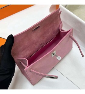 Mini Kelly Pochette de Gamuza Rosa de Plata de Hardware Phw 22cm Completo hecho a Mano