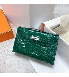 Mini Kelly Pochette Brillante de Cocodrilo cocodrilo 6Q verde jade de Plata de Hardware Phw 22cm Completo hecho a Mano