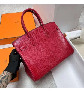 Birkin Lagarto de Cuero Q5 color Rojo Brillante Hardware de Oro Ghw 30cm Completo hecho a Mano