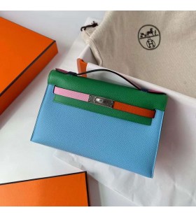 Mini Kelly Pochette de Epsom Hss P3 Candy Blue & U4 de Terciopelo verde y X9 malva, morado & 9J Naranja & E5 Dulces de color Rosa & A5 cuco rojo & T0 Luz Azul de Plata de Hardware 22cm Completo hecho a Mano