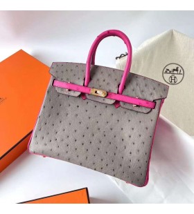 Birkin Avestruz M8 gris ashpite & E5 Dulces de color Rosa de Oro de Hardware Ghw 25cm Completo hecho a Mano