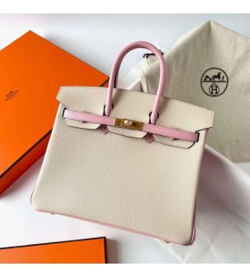 Birkin Chevre I2 Blanco Cremoso & 3T Rosa de Oro de Hardware Bghw 25cm Completo hecho a Mano