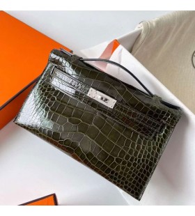Mini Kelly Pochette Brillante de Cocodrilo cocodrilo 6H verde Olivo de Plata de Hardware Phw 22cm Completo hecho a Mano