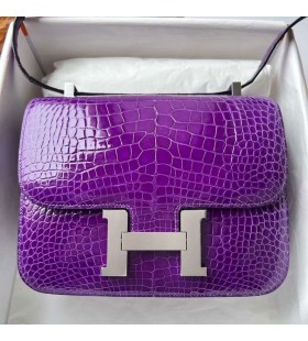 Constanza Brillante de Cocodrilo Cocodrilo 5L Deep Purple Silver Hardware Phw 24cm Completo hecho a Mano