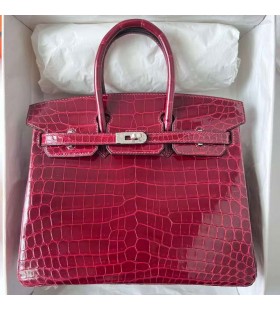 Birkin Brillante Nilo Cocodrilo F5 Vino rojo Plata de Hardware Phw 25cm Completo hecho a Mano