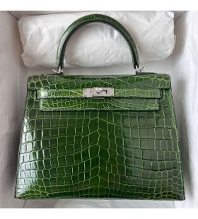 Kelly Brillante Nilo Cocodrilo V6 Selva verde Plata de Hardware Phw 25cm Completo hecho a Mano