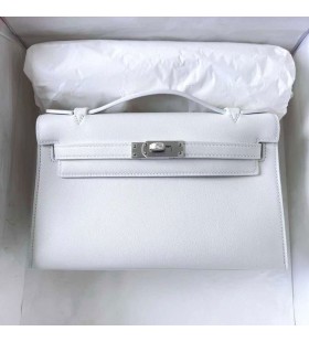 Mini Kelly Pochette Swift 01 Blanco Puro de Plata de Hardware Phw 22cm Completo hecho a Mano