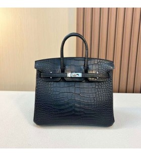 Birkin de Cocodrilo Mate Ck89 Negro de Plata de Hardware 25cm Completo hecho a Mano Phw