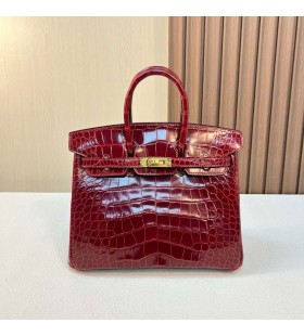 Birkin de Cocodrilo Brillante Ck55 rojo Burdeos Hardware de Oro 25cm Completo hecho a Mano Ghw