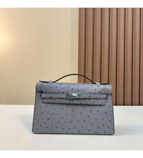 Kelly Pochette de Avestruz Ck82 Ãgata gris Plata de Hardware 22cm Completo hecho a Mano Phw