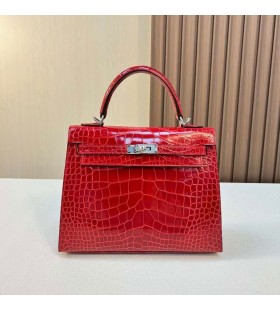 Kelly Brillante de Cocodrilo Cocodrilo Ck95 Ferrari rojo Plata de Hardware 25cm Completo hecho a Mano Phw