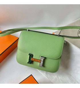 Constance Epsom i3 Avocado green Lizard & crocodile buckle Silver Hardware 18cm Full Handmade Phw