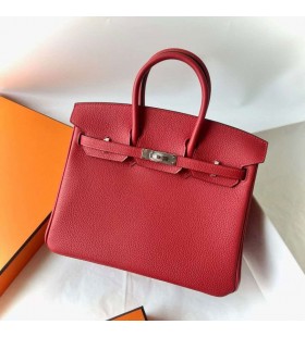 Birkin Togo S3 de color Rojo Brillante de Plata de Hardware 25cm Completo hecho a Mano Phw