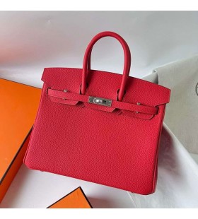 Birkin Togo S3 Nuevo de color Rojo Brillante de Plata de Hardware 25cm Completo hecho a Mano Phw
