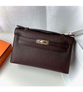 Mini Kelly Pochette de Epsom 0G púrpura rojo Oro de Hardware 22cm Completo hecho a Mano Ghw