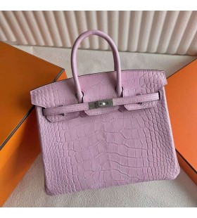 Birkin Mate de Cocodrilo Cocodrilo Sakura Rosa de Plata de Hardware 25cm Completo hecho a Mano Phw