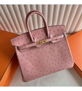 Birkin Avestruz CC94 rosa Oscuro Hardware de Oro 25cm Completo hecho a Mano Ghw