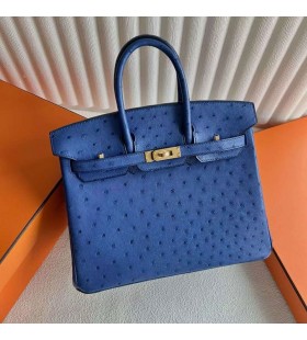 Birkin Avestruz I7 azul Hardware de Oro 25cm Completo hecho a Mano Ghw