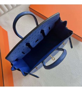 Birkin Avestruz I7 azul Hardware de Oro 25cm Completo hecho a Mano Ghw