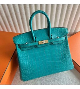 Birkin Mate de Cocodrilo Cocodrilo 7F azul pavo real de Oro de Hardware 25cm Completo hecho a Mano Ghw