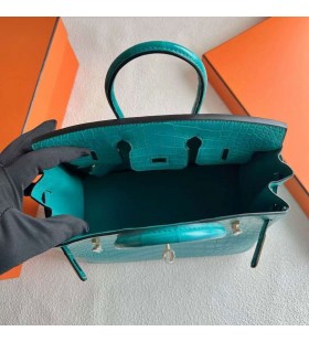 Birkin Mate de Cocodrilo Cocodrilo 7F azul pavo real de Oro de Hardware 25cm Completo hecho a Mano Ghw