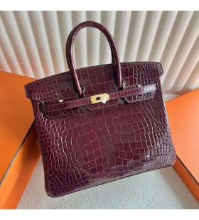 Birkin brillante de Cocodrilo Cocodrilo F5 rojo Burdeos Hardware de Oro 25cm Completo hecho a Mano Ghw