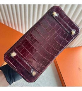 Birkin brillante de Cocodrilo Cocodrilo F5 rojo Burdeos Hardware de Oro 25cm Completo hecho a Mano Ghw