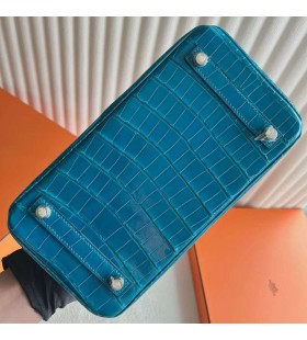 Birkin brillante de Cocodrilo Cocodrilo 7W Azul Lzmir de Plata de Hardware 25cm Completo hecho a Mano Phw