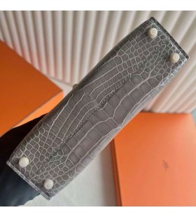 Mini Kelly brillante de Cocodrilo Cocodrilo M8 Gris Hardware de Oro 19cm Completo hecho a Mano Ghw