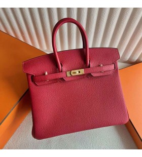 Birkin Togo Q5 color Rojo Brillante Hardware de Oro 25cm Completo hecho a Mano Ghw