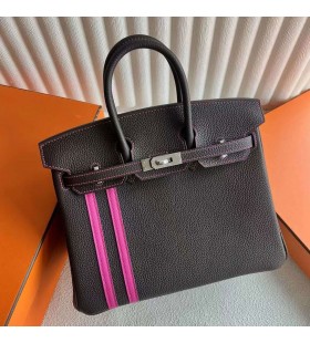 Birkin Togo & swift Ck47 de Chocolate y Rosa de Plata de Hardware 25cm Completo hecho a Mano Phw
