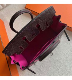 Birkin Togo & swift Ck47 de Chocolate y Rosa de Plata de Hardware 25cm Completo hecho a Mano Phw