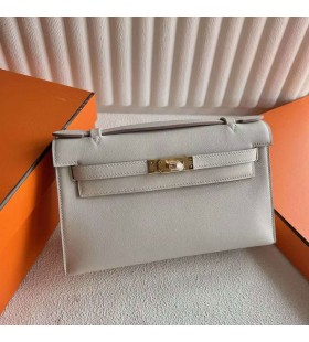 Mini Kelly Pochette Swift 8L de Hielo de Oro Blanco de Hardware 22cm Completo hecho a Mano Ghw