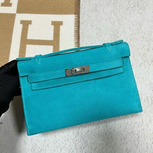ميني كيلي Pochette من جلد الغزال 7F الطاووس الأزرق الفضة الأجهزة 22cm كامل اليدوية