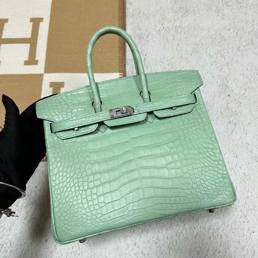 بيركين ماتي التمساح التمساح 6U النعناع الأخضر الأجهزة الفضة 25cm كامل اليدوية