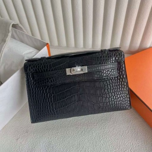 ميني كيلي Pochette ماتي التمساح التمساح Ck89 الأسود الفضة الأجهزة 22cm كامل اليدوية Phw