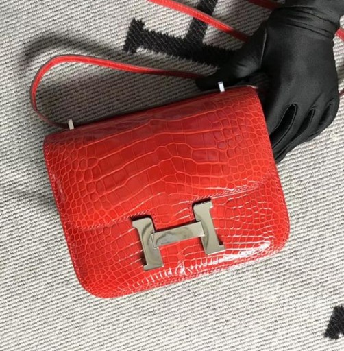 Constance Aligátor Lesklá Ferrari červená Stříbrná Hardware 19cm Plná Ruční práce