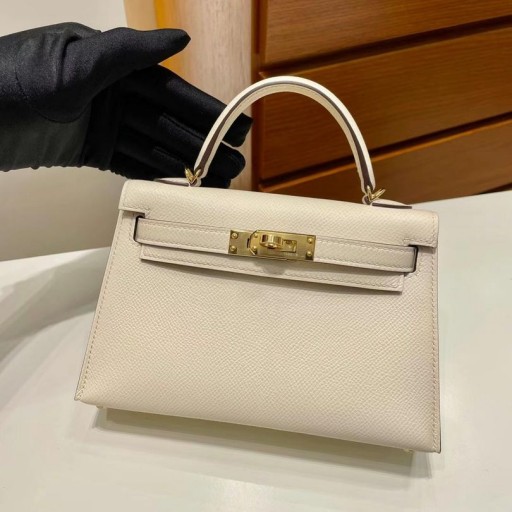 Mini Kelly Epsom i2 Krémově bílé Zlato Hardware 19cm Plná Ruční práce