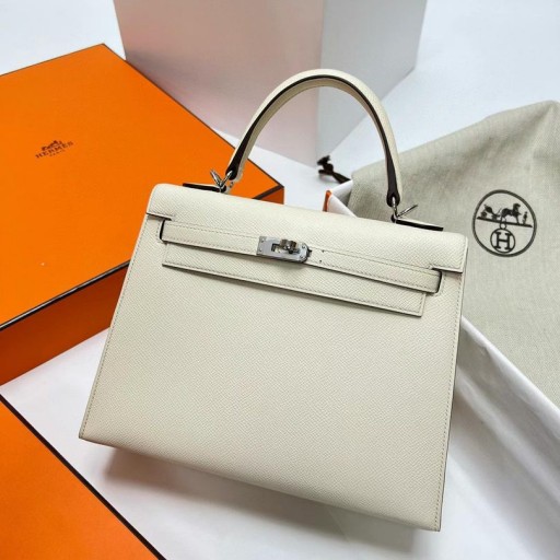 Kelly Epsom Ck10 Krémově bílá & 4B khaki Stříbrný Hardware Phw 25cm Plný Handmade