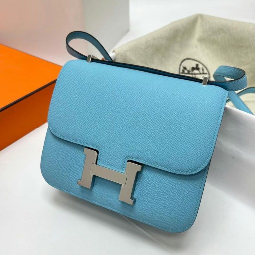 Constance Epsom 7N Candy Blue Stříbrný Hardware Phw 18cm Plný Handmade