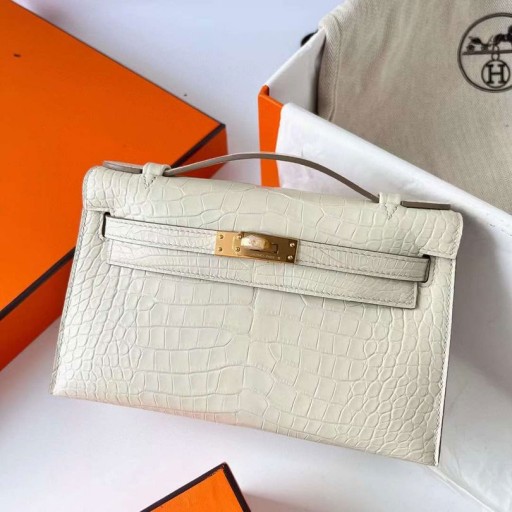 Mini Kelly Pochette Matný Aligátor Krokodýl 8L Krémově Bílé Zlato Hardware 22cm Plný Handmade