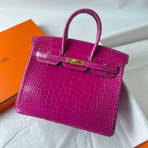 Birkin lesklý alligator krokodýl J5 sytě Růžová Fialová Zlatá Hardware 25cm Plné Ghw Ručně