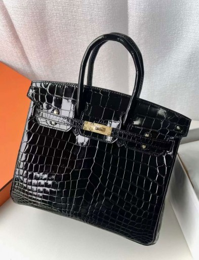 Birkin lesklé Niloticus krokodýlí Ck89 Černé Zlato Hardware 25cm Plné Ghw Ručně