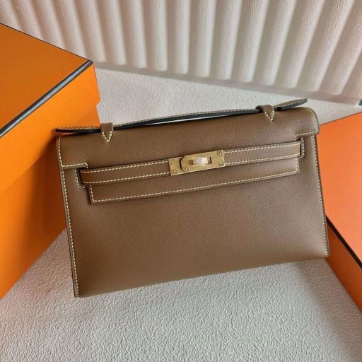 Mini Kelly Pochette Swift D0 Chestnut brown & 9R Citronově žluté Zlato Hardware 25cm Plné Ghw Ručně