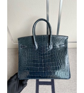 Aligátor Birkin lesklé modré indigo StÅÃbrný Hardware PHW 25cm Plný Handmade