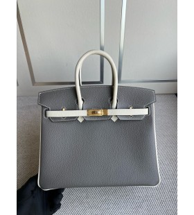 Birkin Togo 8F Etain Å¡edá a KrémovÄ bÃlé Zlato Hardware 25cm Plný Handmade