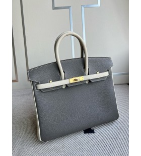 Birkin Togo 8F Etain Å¡edá a KrémovÄ bÃlé Zlato Hardware 25cm Plný Handmade