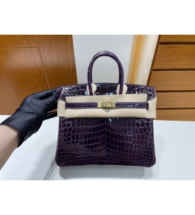 Birkin z Krokodýlà lesklé 9G TmavÄ fialová Zlatá Hardware GHW 25cm Plný Handmade
