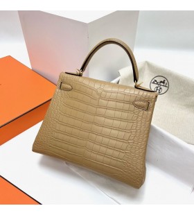 Kelly Aligátor matný 0M Chai Khaki Gold Hardware Ghw 28cm Plný Handmade